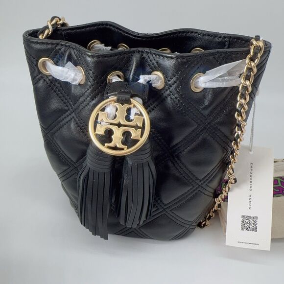 Tory Burch Fleming Mini Soft Quilted Leather Bucket Bag Crossbody Black Gold NWT - Picture 7 of 16